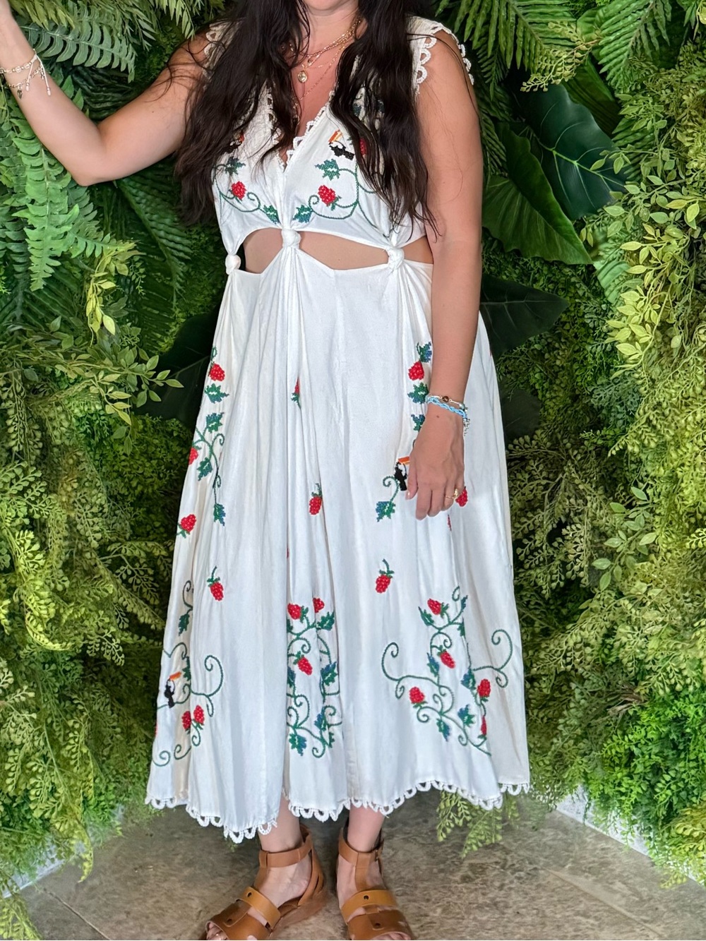 FARM Rio White Midi Dress with Red & Green Floral Embroidery - Picture 3 of 5